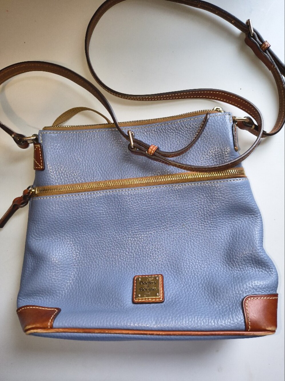 Dooney & Bourke Light Blue Pebbled Leather Crossbody with Brown Trim
